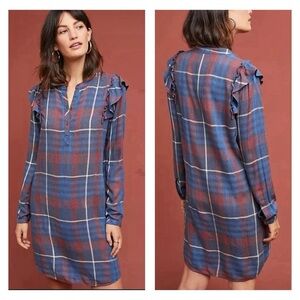 ANTHROPOLOGIE cloth & stone Ruffled Plaid Shirt Dress | Small |